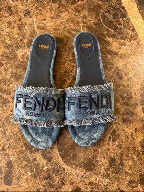 Fendi denim blue logo sandals slides flats sunshine fringe slides sz 39.5